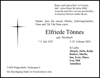 Anzeige von Elfriede Tönnes von Kölner Stadt-Anzeiger / Kölnische Rundschau / Express