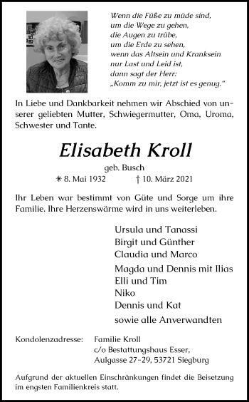 Anzeige von Elisabeth Kroll von Kölner Stadt-Anzeiger / Kölnische Rundschau / Express