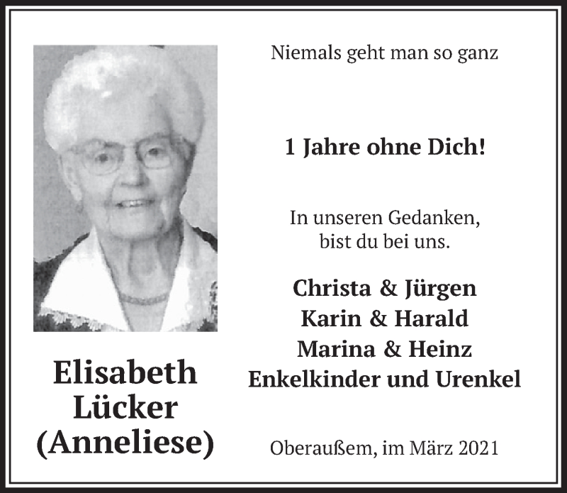  Traueranzeige für Elisabeth Lücker vom 12.03.2021 aus  Werbepost 