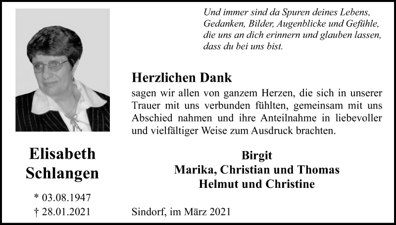  Traueranzeige für Elisabeth Schlangen vom 13.03.2021 aus Kölner Stadt-Anzeiger / Kölnische Rundschau / Express