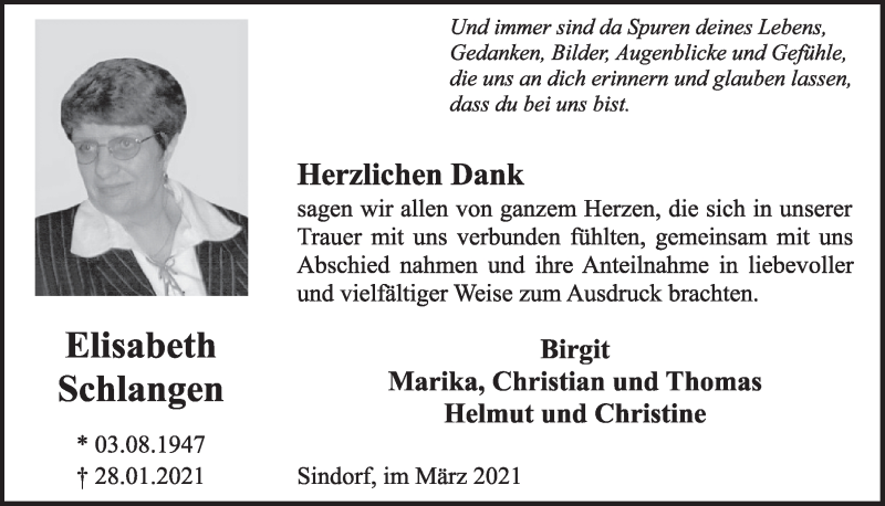  Traueranzeige für Elisabeth Schlangen vom 12.03.2021 aus  Werbepost 