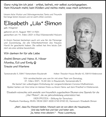 Anzeige von Elisabeth  Simon von Kölner Stadt-Anzeiger / Kölnische Rundschau / Express