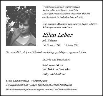 Anzeige von Ellen Leber von  Anzeigen Echo  Lokalanzeiger 