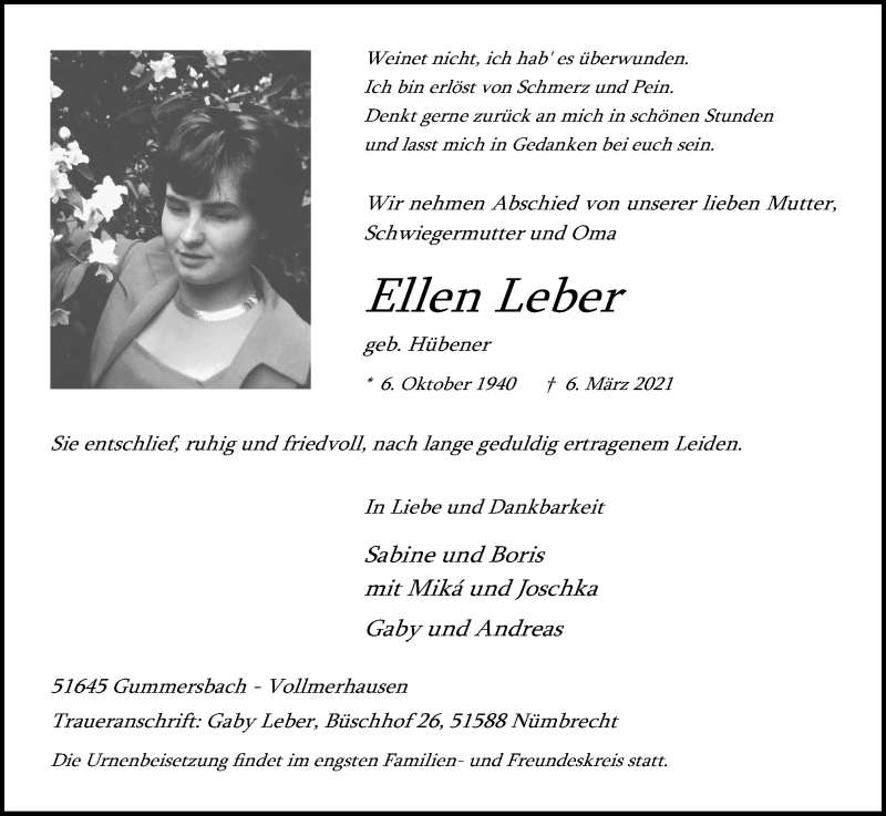  Traueranzeige für Ellen Leber vom 13.03.2021 aus Kölner Stadt-Anzeiger / Kölnische Rundschau / Express