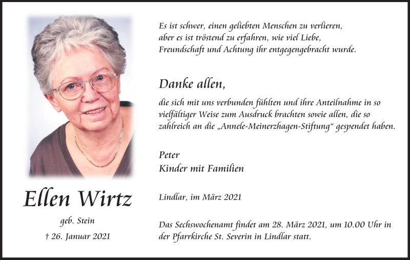  Traueranzeige für Ellen Wirtz vom 20.03.2021 aus Kölner Stadt-Anzeiger / Kölnische Rundschau / Express