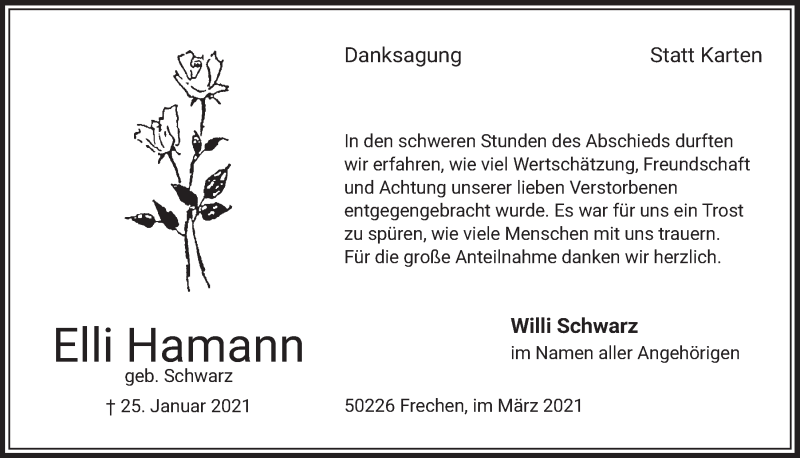  Traueranzeige für Elli Hamann vom 05.03.2021 aus  Wochenende 