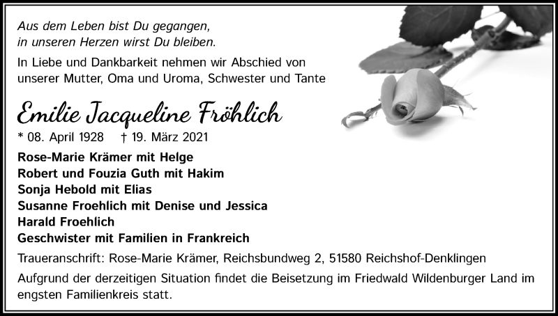  Traueranzeige für Emilie Jacqueline Fröhlich vom 23.03.2021 aus Kölner Stadt-Anzeiger / Kölnische Rundschau / Express