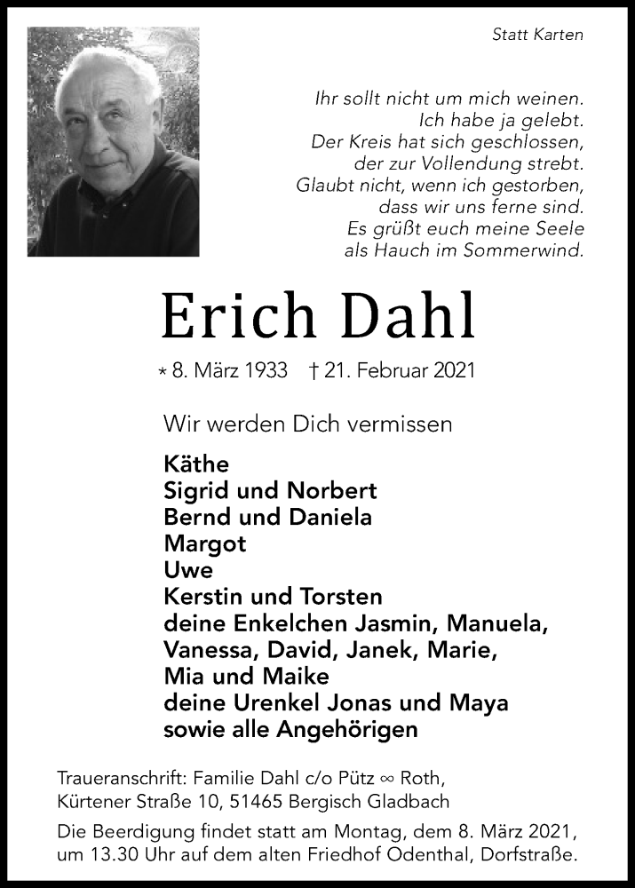 Traueranzeige für Erich Dahl vom 06.03.2021 aus Kölner Stadt-Anzeiger / Kölnische Rundschau / Express