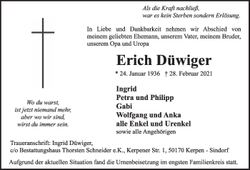 Anzeige von Erich Düwiger von  Wochenende 