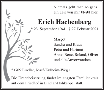 Anzeige von Erich Hachenberg von  Anzeigen Echo 