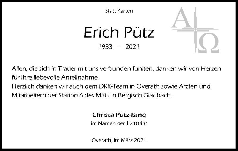  Traueranzeige für Erich Pütz vom 06.03.2021 aus Kölner Stadt-Anzeiger / Kölnische Rundschau / Express