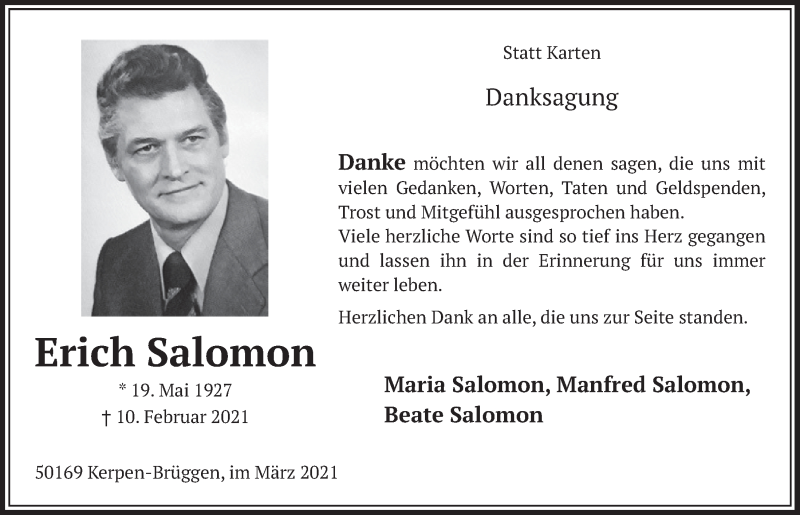  Traueranzeige für Erich Salomon vom 12.03.2021 aus  Werbepost 