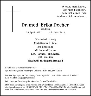 Anzeige von Erika Decher von Kölner Stadt-Anzeiger / Kölnische Rundschau / Express