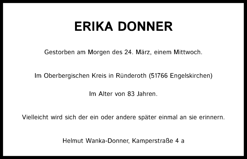  Traueranzeige für Erika Donner vom 27.03.2021 aus Kölner Stadt-Anzeiger / Kölnische Rundschau / Express