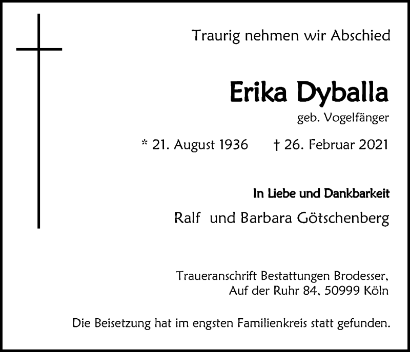  Traueranzeige für Erika Dyballa vom 06.03.2021 aus Kölner Stadt-Anzeiger / Kölnische Rundschau / Express