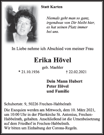 Anzeige von Erika Hövel von  Wochenende 