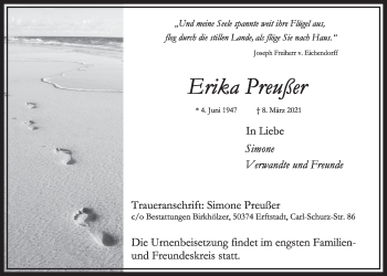 Anzeige von Erika Preußer von  Werbepost 