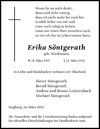 Anzeige von Erika Söntgerath von Kölner Stadt-Anzeiger / Kölnische Rundschau / Express
