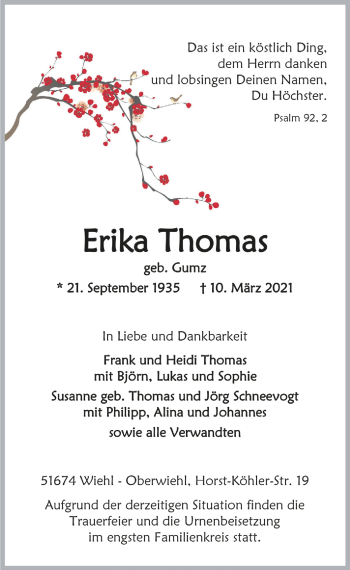 Anzeige von Erika Thomas von  Anzeigen Echo 
