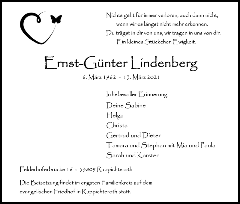 Traueranzeige für Ernst-Günter Lindenberg vom 17.03.2021 aus Kölner Stadt-Anzeiger / Kölnische Rundschau / Express
