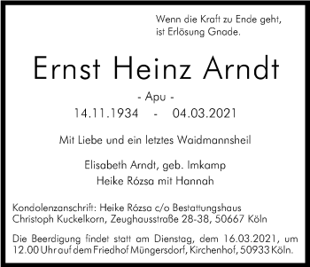 Anzeige von Ernst Heinz Arndt von Kölner Stadt-Anzeiger / Kölnische Rundschau / Express
