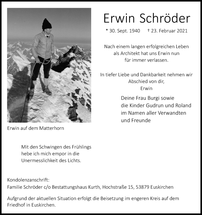  Traueranzeige für Erwin Schröder vom 02.03.2021 aus Kölner Stadt-Anzeiger / Kölnische Rundschau / Express