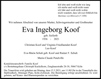 Anzeige von Eva Ingeborg Koof von Kölner Stadt-Anzeiger / Kölnische Rundschau / Express