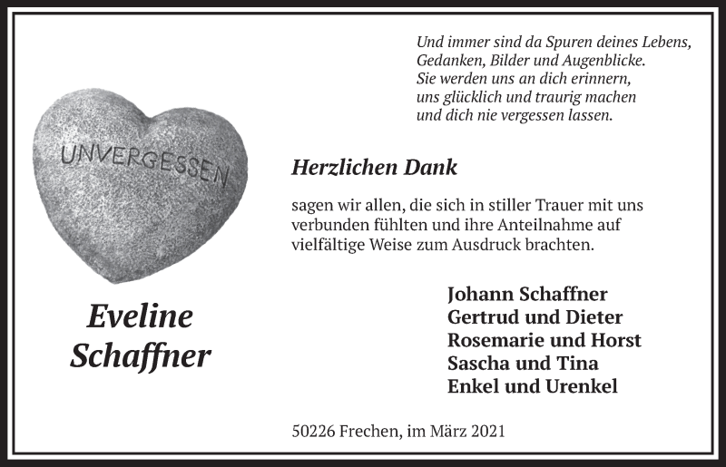  Traueranzeige für Eveline Schaffner vom 26.03.2021 aus  Wochenende 