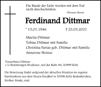 Anzeige von Ferdinand Dittmar von Kölner Stadt-Anzeiger / Kölnische Rundschau / Express