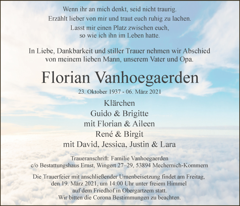  Traueranzeige für Florian Vanhoegaerden vom 13.03.2021 aus  Blickpunkt Euskirchen 