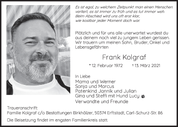 Anzeige von Frank Kolgraf von  Werbepost 
