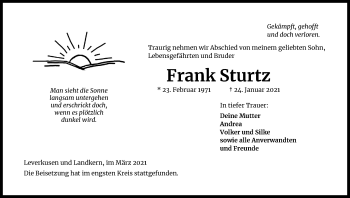 Anzeige von Frank Sturtz von Kölner Stadt-Anzeiger / Kölnische Rundschau / Express