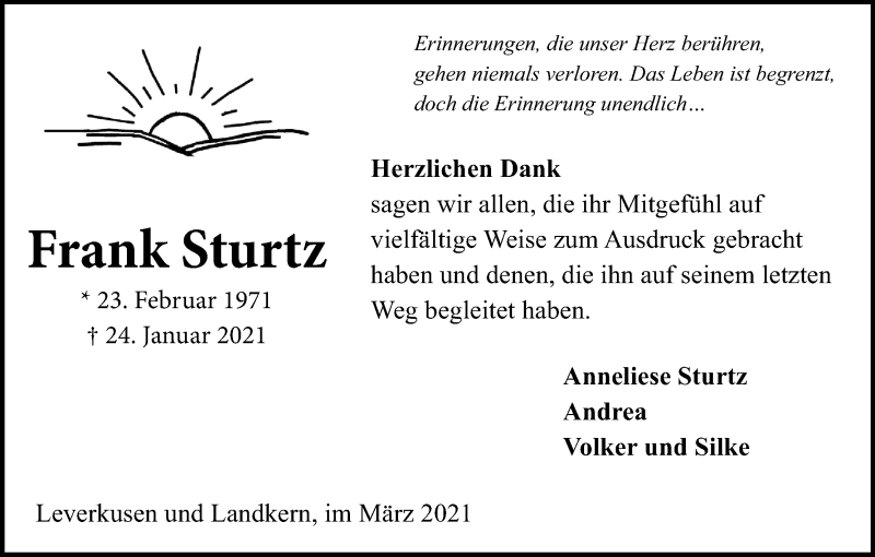  Traueranzeige für Frank Sturtz vom 20.03.2021 aus Kölner Stadt-Anzeiger / Kölnische Rundschau / Express