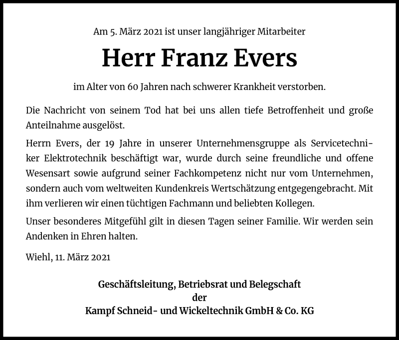  Traueranzeige für Franz Evers vom 11.03.2021 aus Kölner Stadt-Anzeiger / Kölnische Rundschau / Express