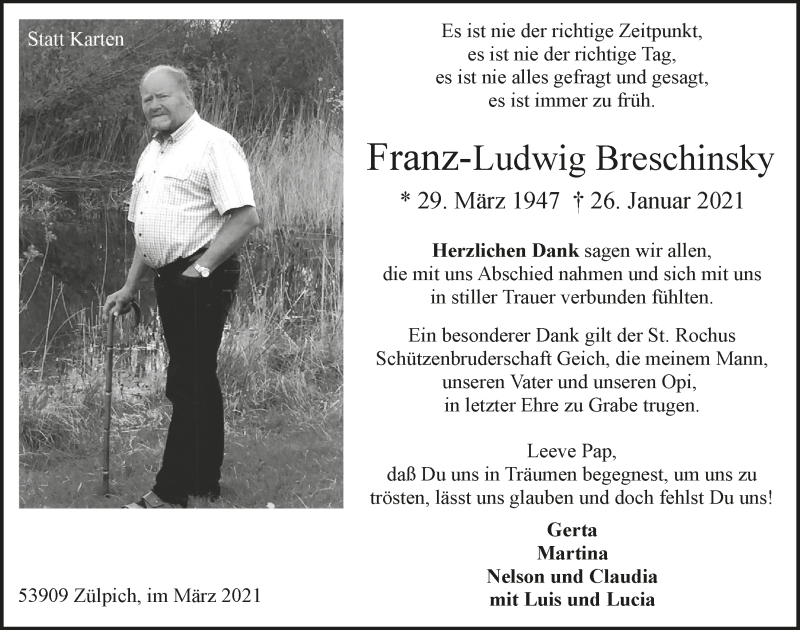  Traueranzeige für Franz-Ludwig Breschinsky vom 13.03.2021 aus  Blickpunkt Euskirchen 