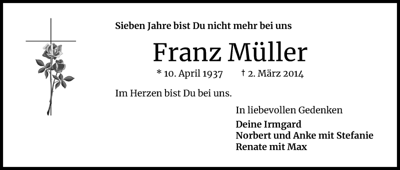  Traueranzeige für Franz Müller vom 18.07.2023 aus Kölner Stadt-Anzeiger / Kölnische Rundschau / Express