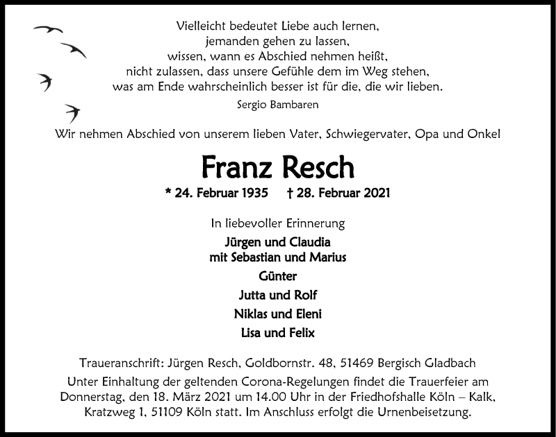  Traueranzeige für Franz Resch vom 12.03.2021 aus  Kölner Wochenspiegel 