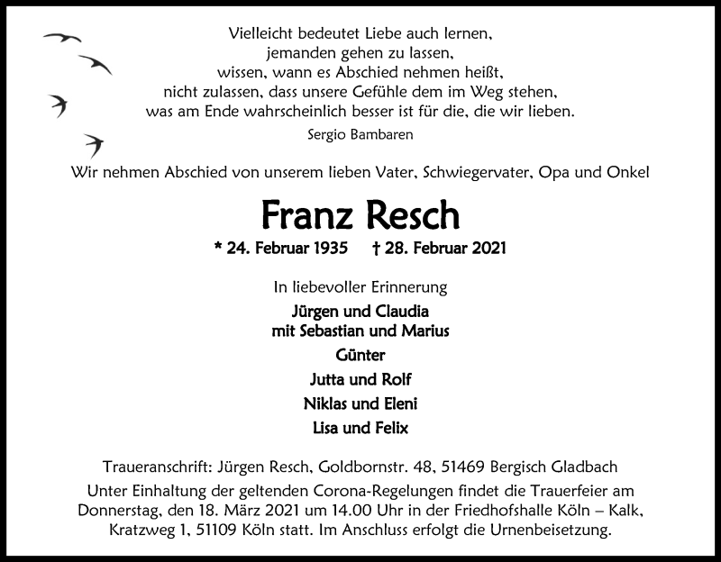  Traueranzeige für Franz Resch vom 13.03.2021 aus Kölner Stadt-Anzeiger / Kölnische Rundschau / Express