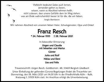 Anzeige von Franz Resch von  Kölner Wochenspiegel 