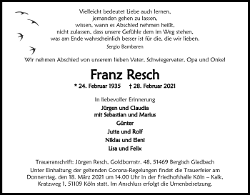 Anzeige von Franz Resch von Kölner Stadt-Anzeiger / Kölnische Rundschau / Express