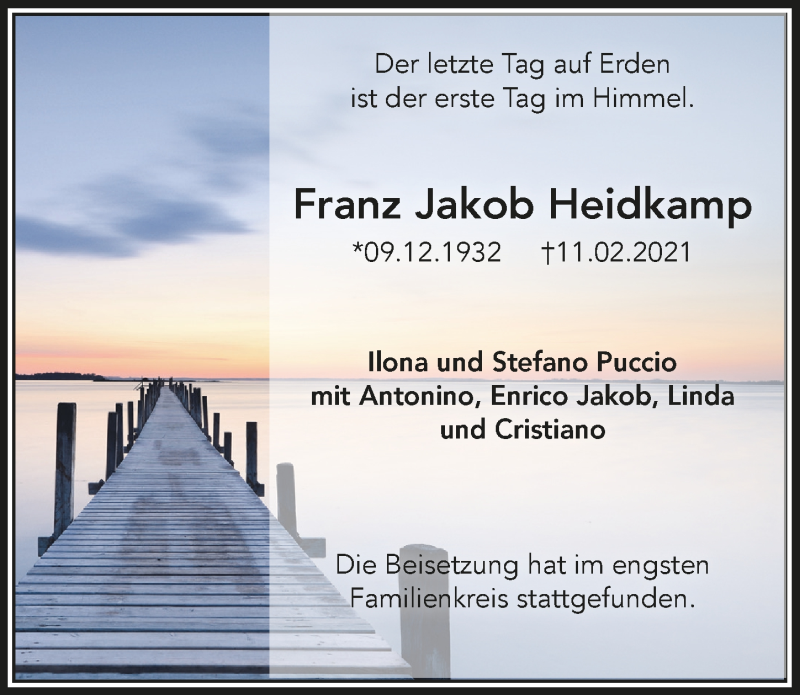  Traueranzeige für Franz Jakob Heidkamp vom 12.03.2021 aus  Bergisches Handelsblatt 