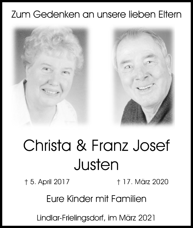  Traueranzeige für Franz Josef Justen vom 20.03.2021 aus Kölner Stadt-Anzeiger / Kölnische Rundschau / Express