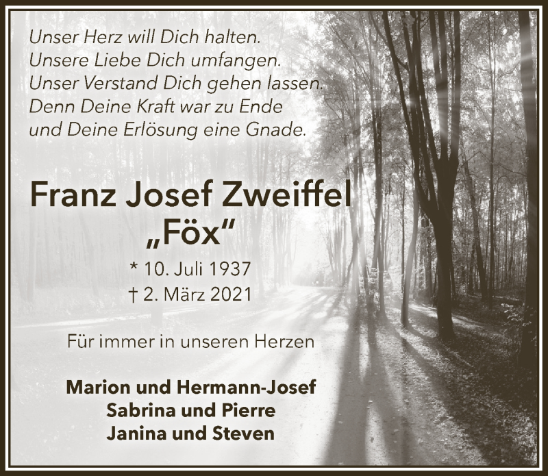  Traueranzeige für Franz Josef Zweiffel vom 06.03.2021 aus  Blickpunkt Euskirchen 