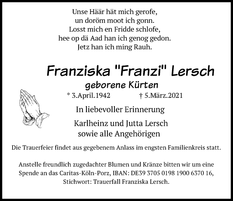  Traueranzeige für Franziska Lersch vom 13.03.2021 aus Kölner Stadt-Anzeiger / Kölnische Rundschau / Express