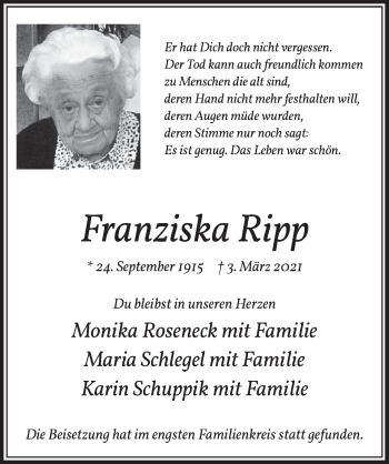 Anzeige von Franziska Ripp von  Werbepost 