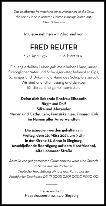 Anzeige von Fred Reuter von Kölner Stadt-Anzeiger / Kölnische Rundschau / Express