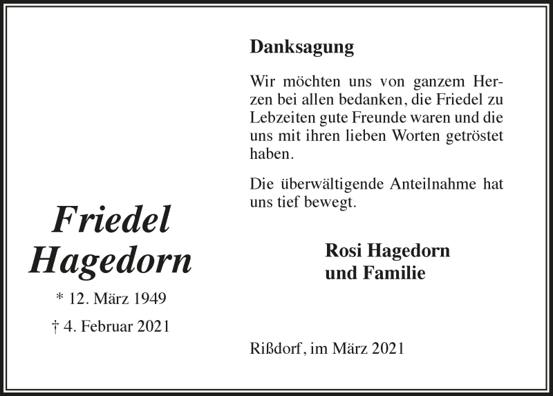  Traueranzeige für Friedel Hagedorn vom 06.03.2021 aus  Blickpunkt Euskirchen 