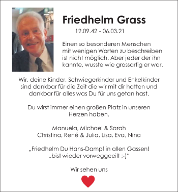Anzeige von Friedhelm Grass von Kölner Stadt-Anzeiger / Kölnische Rundschau / Express