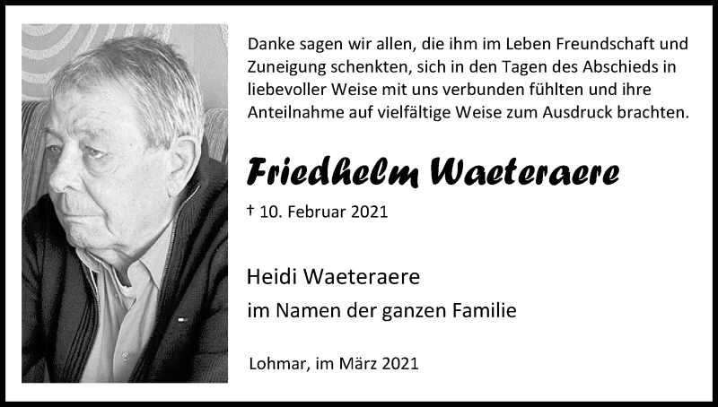  Traueranzeige für Friedhelm Waeteraere vom 06.03.2021 aus Kölner Stadt-Anzeiger / Kölnische Rundschau / Express