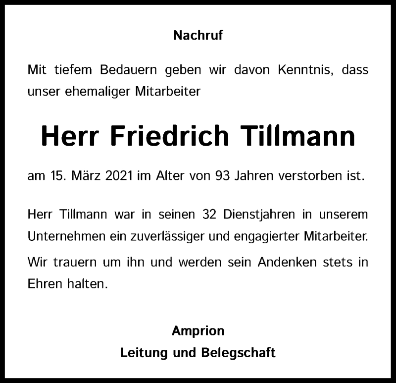  Traueranzeige für Friedrich Tillmann vom 26.03.2021 aus Kölner Stadt-Anzeiger / Kölnische Rundschau / Express